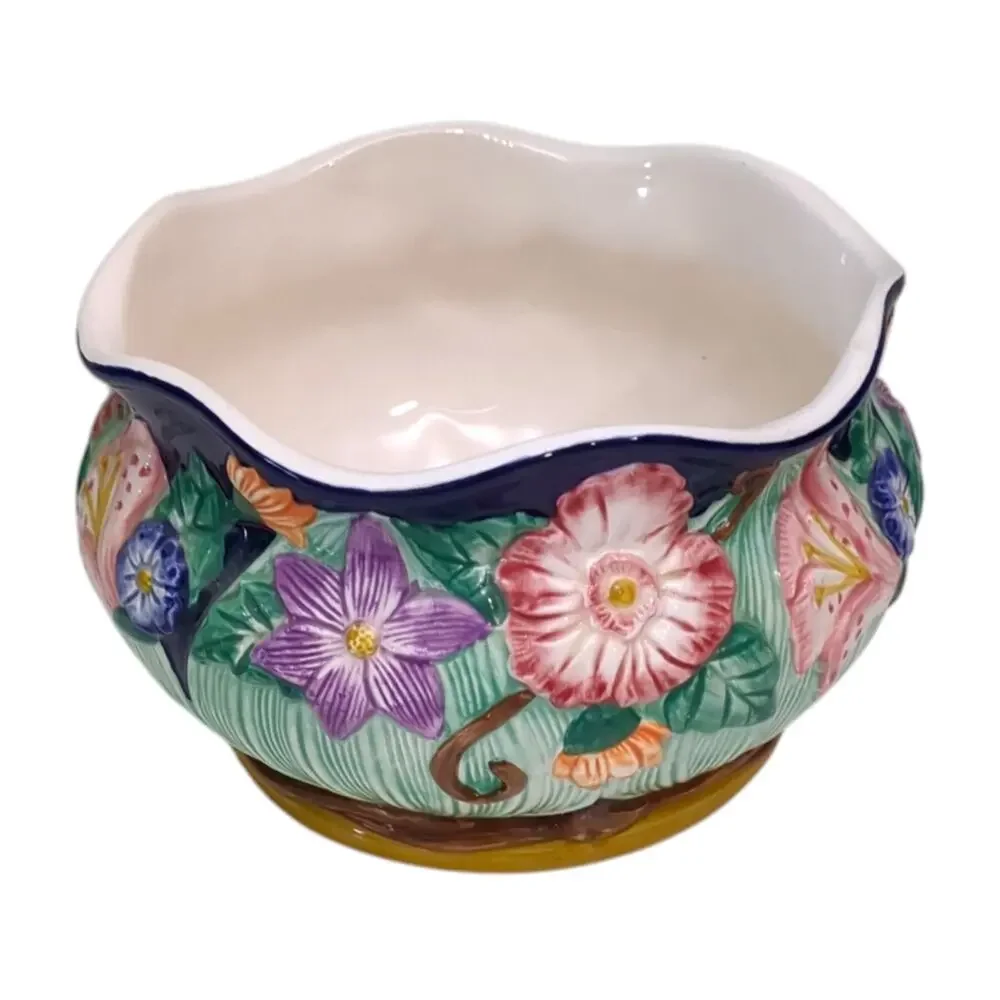 VTG Fitz & Floyd 1994 Hand-Painted Majolica Raised Ceramic FLORAL BOWL~PLANTER